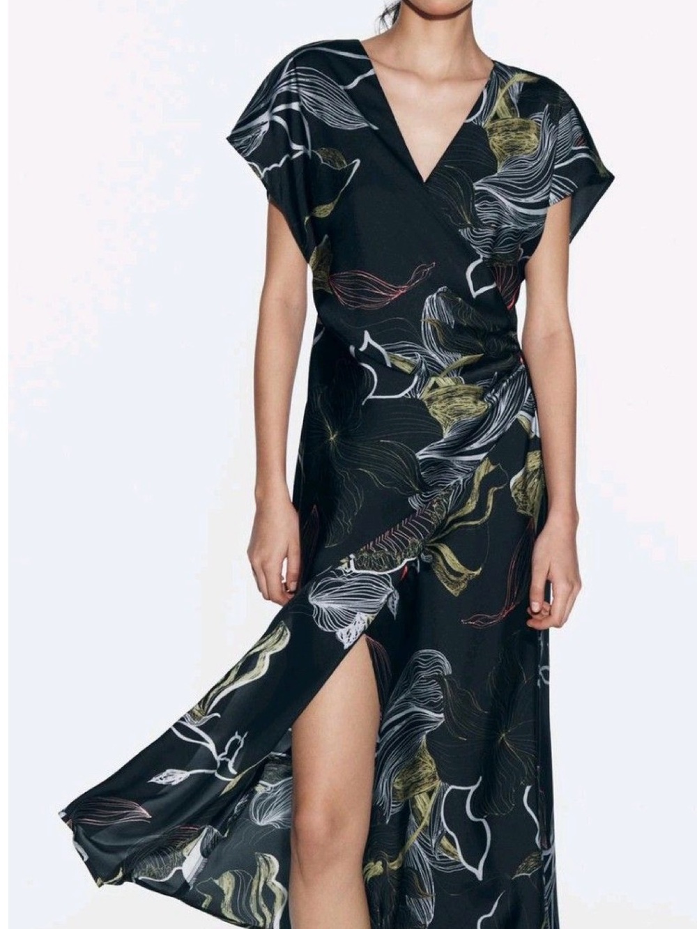 Zara Black Floral-Print Midi Wrap Dress